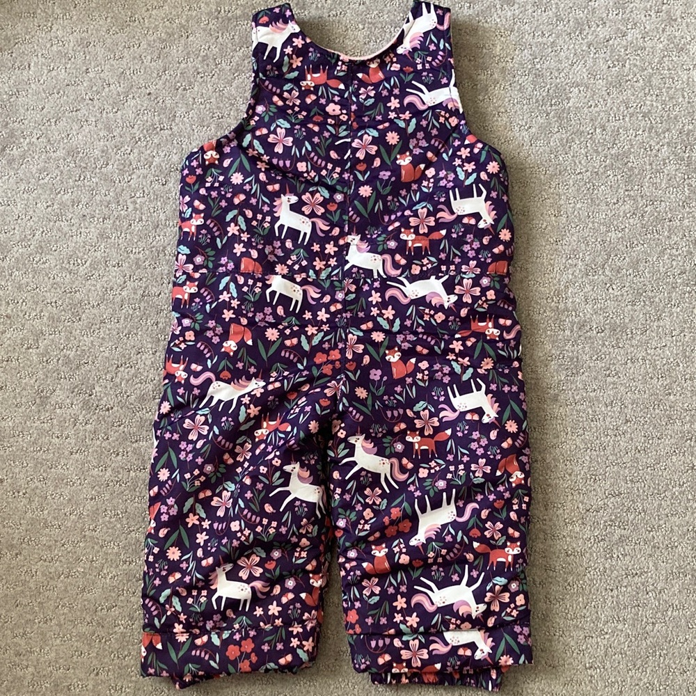 Children's Place purple unicorn snow bibs, 18-24M. - Picture 2 of 7